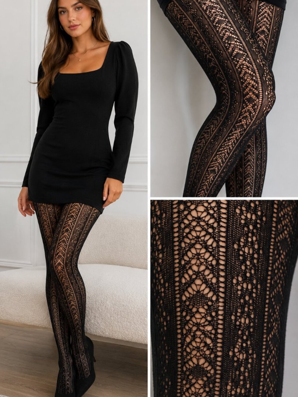 Women Sexy Micro Black Pantyhose Patterned Tights with Vertical & Stripes design